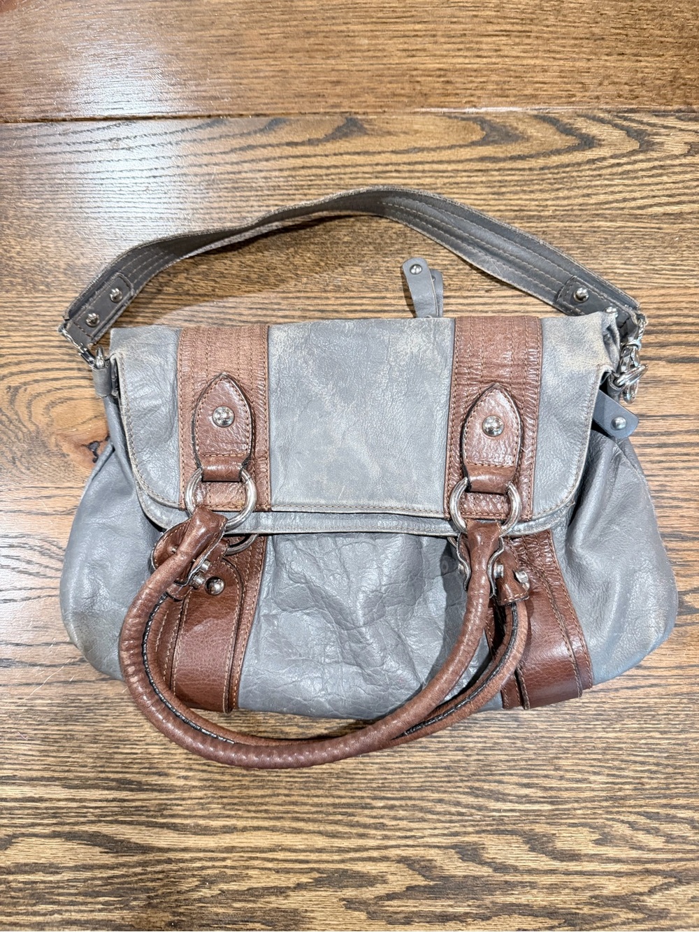 Two-Tone Gray and Brown FIRENZE Leather Satchel